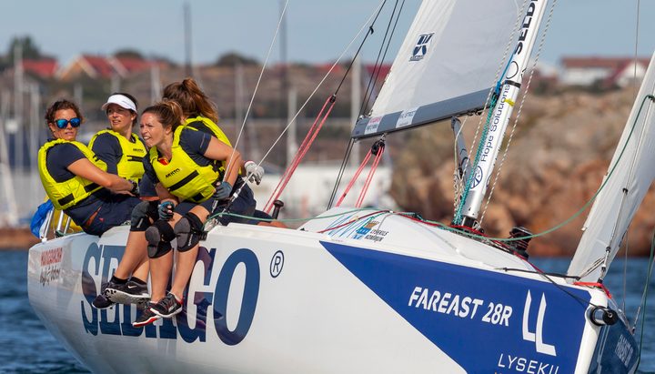Two Fareast 28R yachts competing in a match race