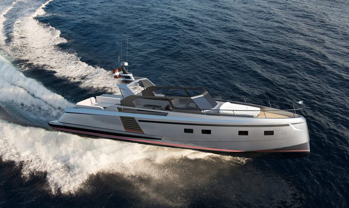 Glacier 48 FX motor yacht cruising on open water