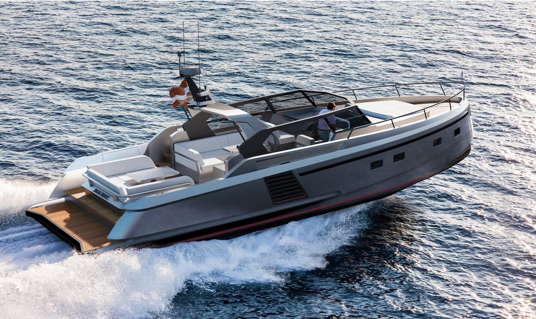 Glacier 48 FX motor yacht viewed from above while underway