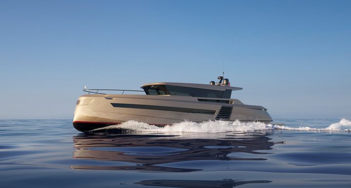 Glacier 68 motor yacht cruising in calm water