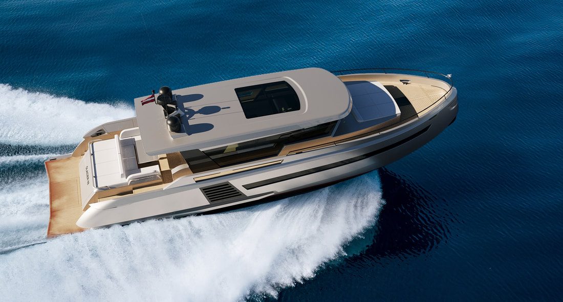 Glacier 68 motor yacht viewed from above while cruising