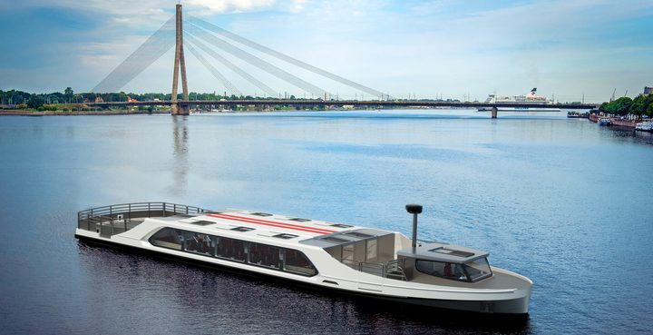 GYC 78 passenger ferry in calm water beside a bridge