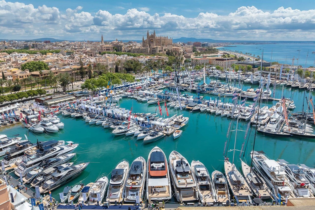Aerial view of a marina filled with yachts