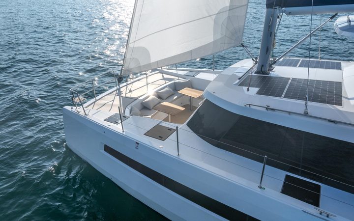 NYX catamaran viewed from above while sailing
